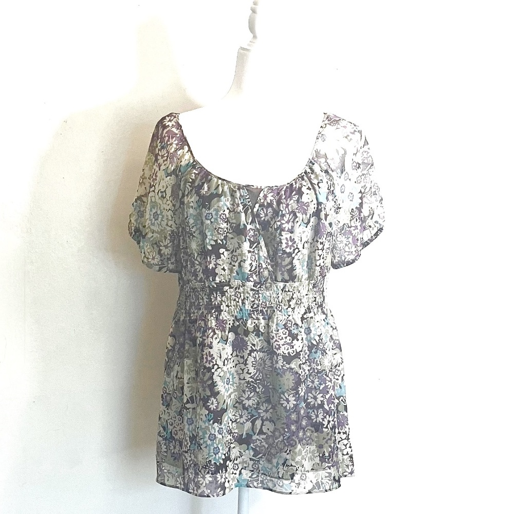 Floral Elastic Neck/ Bodice Blouse, Sage/Purple/Aqua, Sheer, Fully Lined, Large